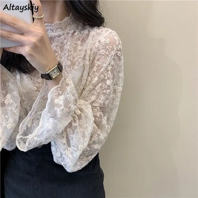 Blouses Women Exquisite Slim Mujer Lace Artistic Solid All-match Elegant Design Elegant Ulzzang Teenagers Stylish Ladies Clothes