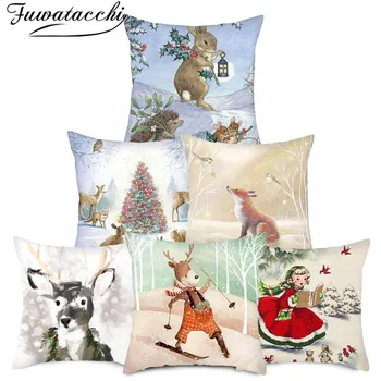 

Fuwatacchi Christmas Cushion Cover Cute Animals Santa Claus Pattern Pillow Cover Home Sofa Car Decor Throw Pillowcase 45x45cm