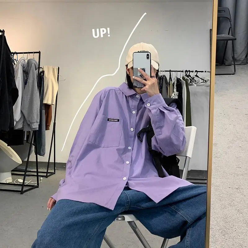 HOUZHOU White Purple Shirt Harajuku Oversize Long Sleeve Korean Style Casual Women Blouse Button Up Spring Autumn 2021 Fashion | Женская