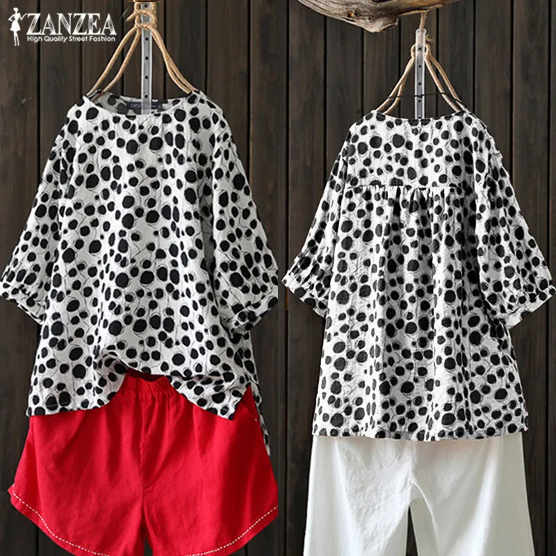 

2019 ZANZEA Vintage Polka Dot Tops Women's Printed Blouse Casual 3/4 Sleeve Tee Shirts Female Pleated High Low Hem Blusas Tunic