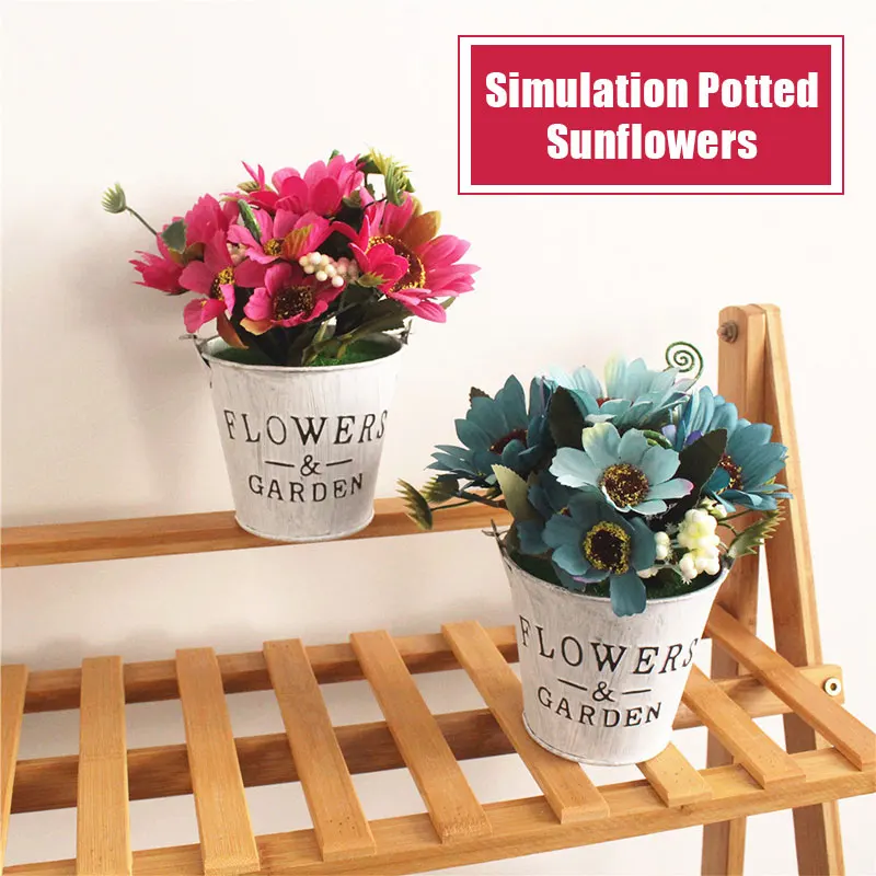 Fashion Beautiful Wedding Sunflower Home Decor School Office Artificial Plant Iron Bucket Ornament Shop Gardening Balcony