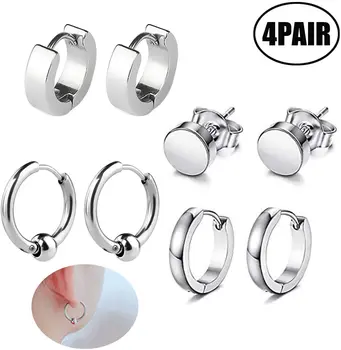 

Lvcky Men Women Stainless Steel Earring Stud Set Round Hoop Huggie Earring Stud Earring Tunnel Piercings (Pack of 4)（Silver）