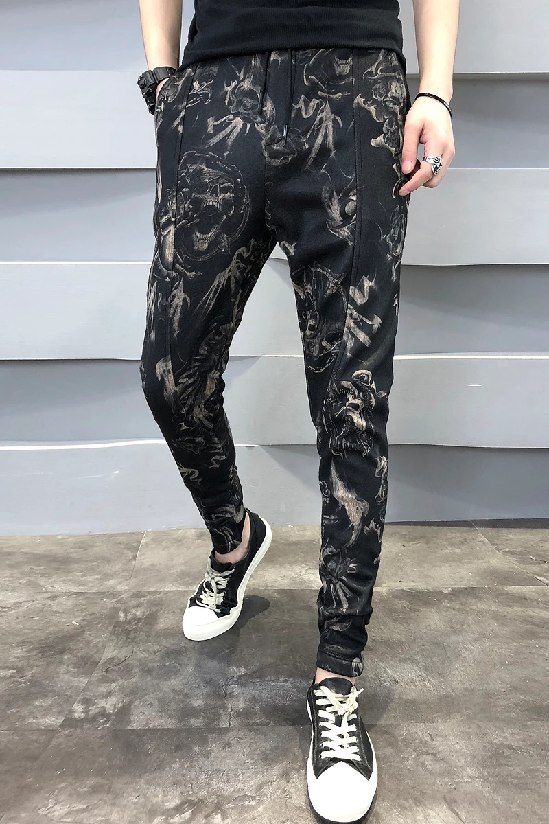 Style 1 Осенне-зимние штаны с цветочным принтом, мужские плотные теплые облегающие хип-хоп брюки для бега, мужские универсальные штаны-шаровары, повседневные уличные брюки для мужчин - Цвет: Style 1