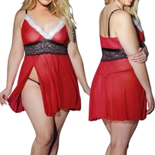 Размера плюс Для женщин Рождественская Пижама сплошной Цвет с глубоким v-образным вырезом кружевное нижнее белье