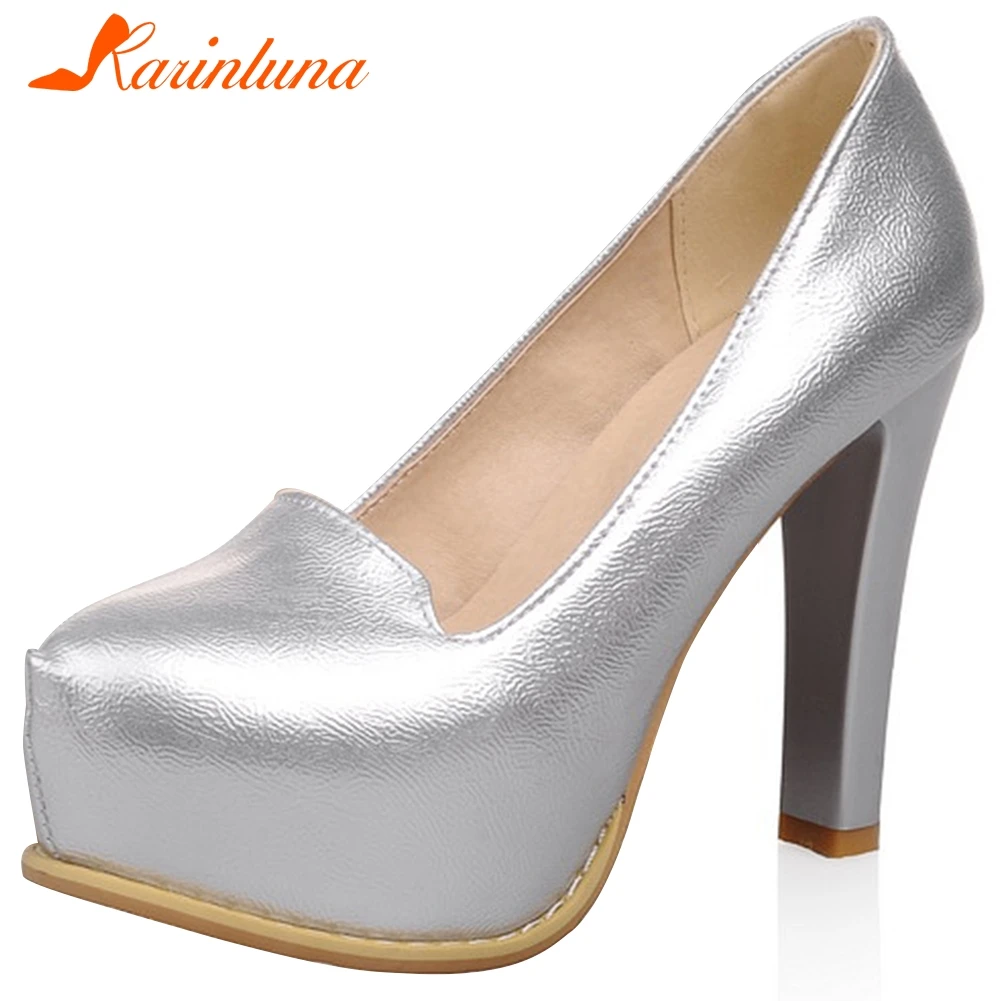 

KARINLUNA Luxury Party Lady Slip On Spring Office Casual Pumps High Heels Metallic Slip On Platform Pumps Women Shoes Woman