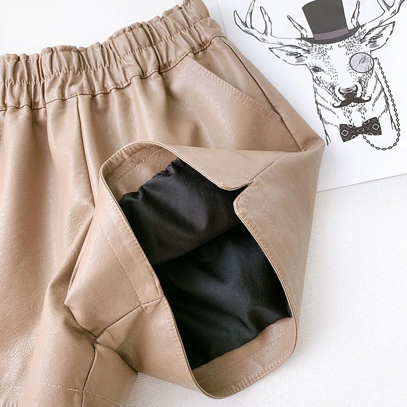 Wasteheart Black Khaki Women Fashion PU Leather Shorts High Waist Woman HotPants Sexy Short Pocket Drawstring Plus Size