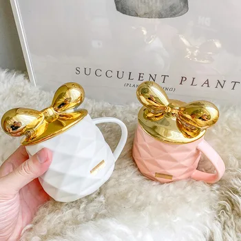 

Relief Rhombus Creative Bow Ceramic Cup Cute Simple Japanese Style Hipster Mug Office shui bei zi