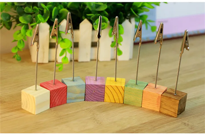 1PC Wooden Clamps Stand Photos Clips Color log Square Message Clip Wrought Iron Note Clip Desktop Ornaments Postcard Clip
