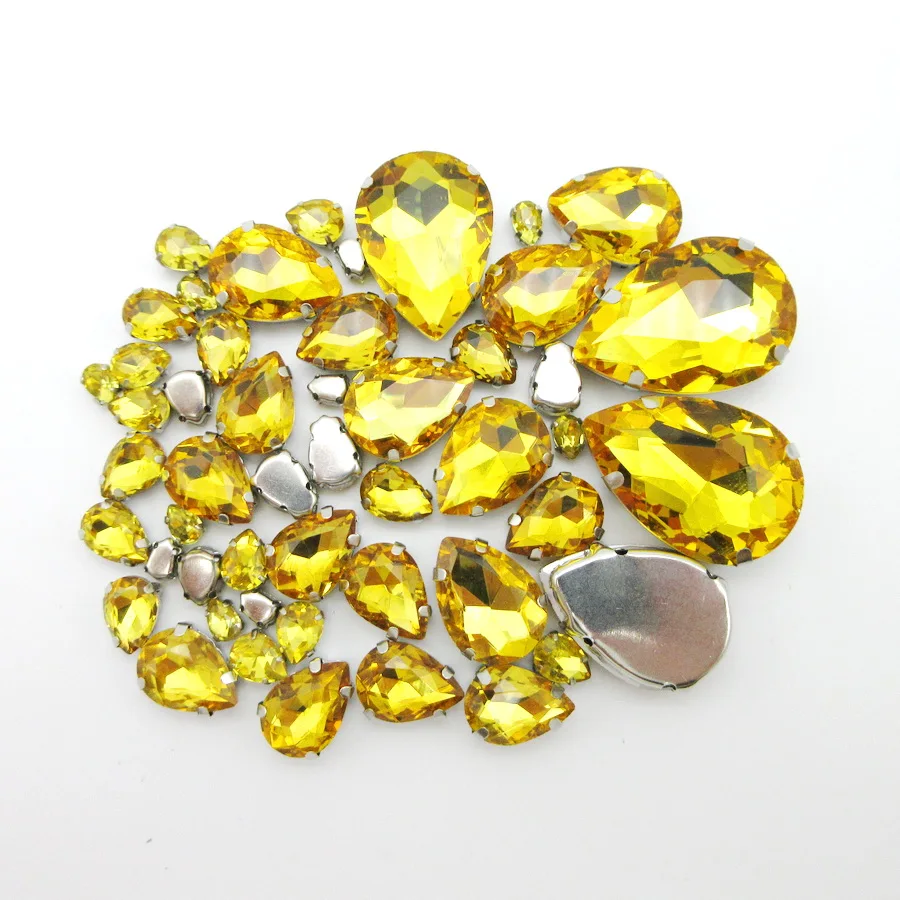 

Topaz стеклянный Хрустальный Стразы Смешанная форма капли воды 7 размеров Серебряный Коготь flatback пришивные стразы Одежда Обувь Сумки сделай сам украшение