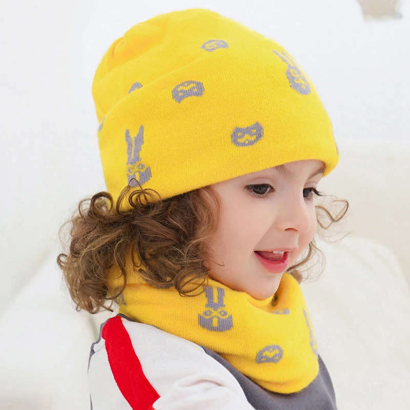 Зимняя детская шапка, шарф, зимний теплый шарф, шапка с мультяшным принтом, Детские шарфы с воротником, шейный платок, головной убор