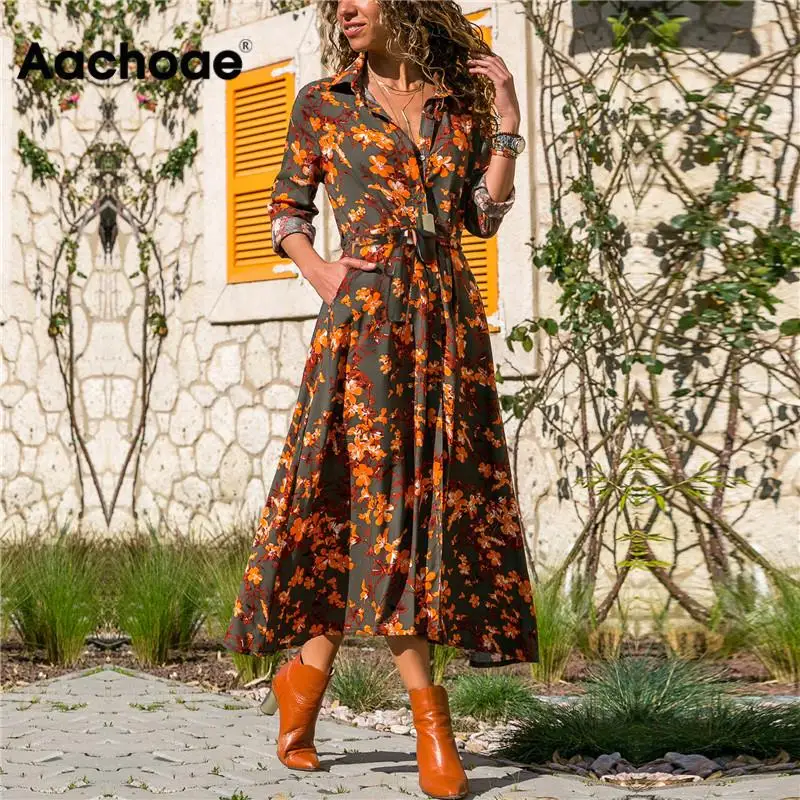 Aachoae Summer Long Dress Women Floral Print Boho Dress Long Sleeve Turn Down Collar Shirt Dress Ladies Casual Dresses Vestidos Aachoae Summer Long Dress Women Floral Print Boho Dress Long Sleeve Turn Down Collar Shirt Dress Ladies Casual Dresses Vestidos