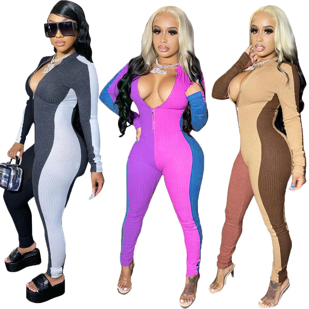 2020 Hot Selling Bodycon Jumpsuits Fashion Sexy Patchwork Zipper Tight Long Sleeves Casual Sport Jumpsuits