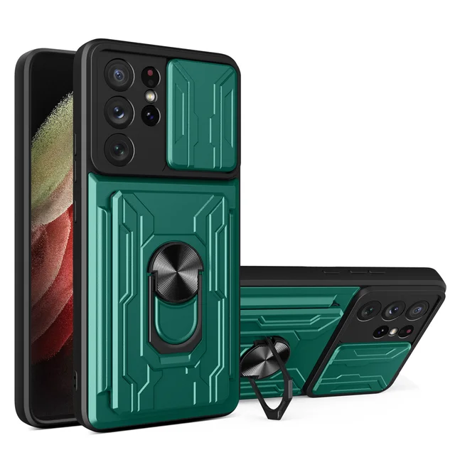 Slide Camera Lens Case For Samsung S22 Ultra S21 Ultra S21 FE S20 Plus Note 20 Ultra A72 A52 A53 A33 Detachable Card Holder Case Green