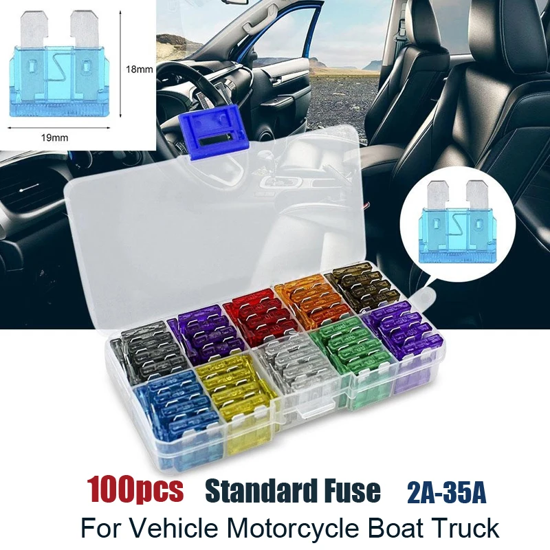 

100pcs Assortment Car Standard Fuses 2A 3A 5A 7.5A 10A 15A 20A 25A 30A 35A for Motorcycle Boat Truck