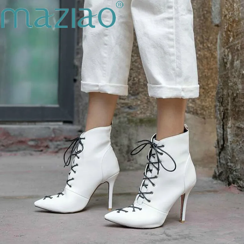 

Women High Heel Ankle Boots Sexy Stiletto Boots Lace Up Pointed Toe Zipper Winter Autumn Shoes Woman party Boots 2019 MAZIAO