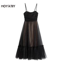 MOYATIIY Vestido largo de malla para mujer, traje Retro con estampado de lunares, sin tirantes, con forro, 2022