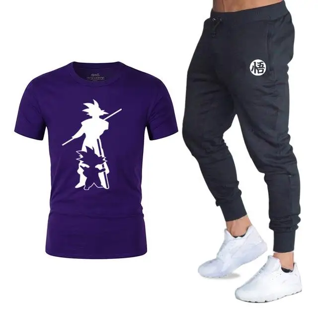 purple Мужской спортивный комплект, хлопковая спортивная одежда с принтом, Мужская футболка, летняя брендовая спортивная одежда - Цвет: purple