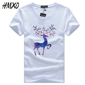 

HMXO New Men Summer T-shirt Creative Elk Print T shirt Male Print Slim Fit Short Sleeve Tee White Tshirt For Male Clothes 5XL