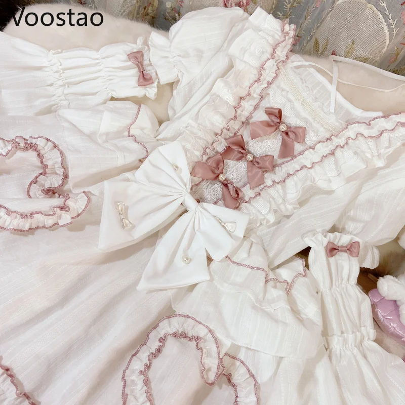 Sweet Chic Lolita Princess OP Dress Vintage Elegant Bow Lace Ruffles Pearls Flowers Wedding Party Dress