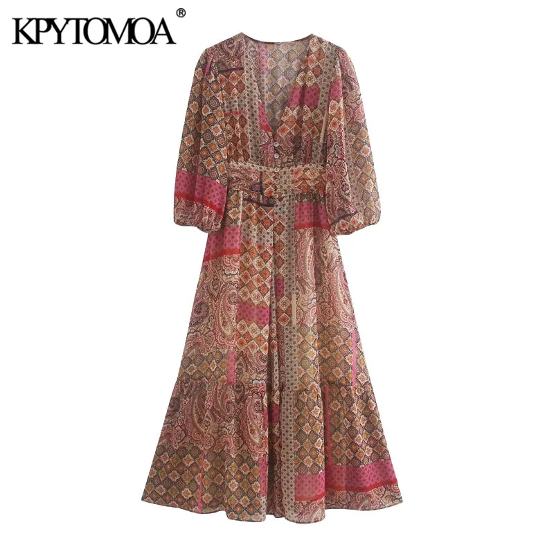 KPYTOMOA Women 2020 Chic Fashion Paisley Print Pleated Midi Dress Vintage Three Quarter Sleeve With Lining Female Dresses Mujer KPYTOMOA Women 2020 Chic Fashion Paisley Print Pleated Midi Dress Vintage Three Quarter Sleeve With Lining Female Dresses Mujer