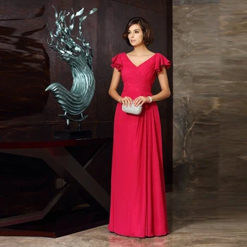 

Simple Modern Hot Pink Full Length Chiffon Mother of the Bride Dresses Short Sleeve V Neckline Pleated Wedding Party Gowns