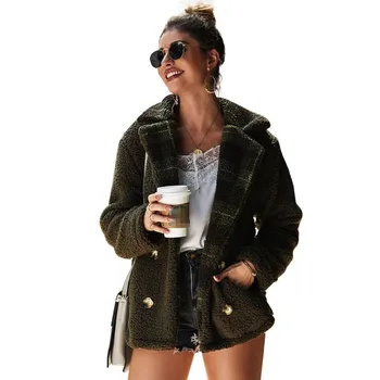 

2019 Winter Women Fleece Fluffy Jacket Revere Collar Double-Breasted Warm Thicken Oversized Pocket Jackets Ladies Warm Coat