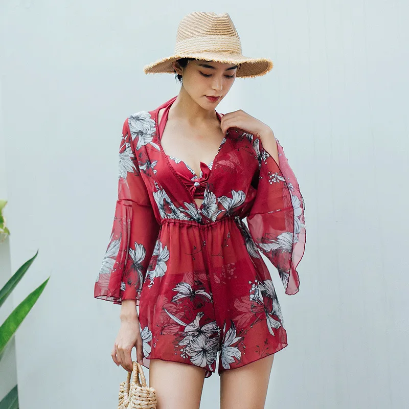 

Bathing Suit Women's Split Skirt Bikini Three-piece Set South Korea-Size Chest Push up Tour Bathing Suit Hot Springs Swimwear