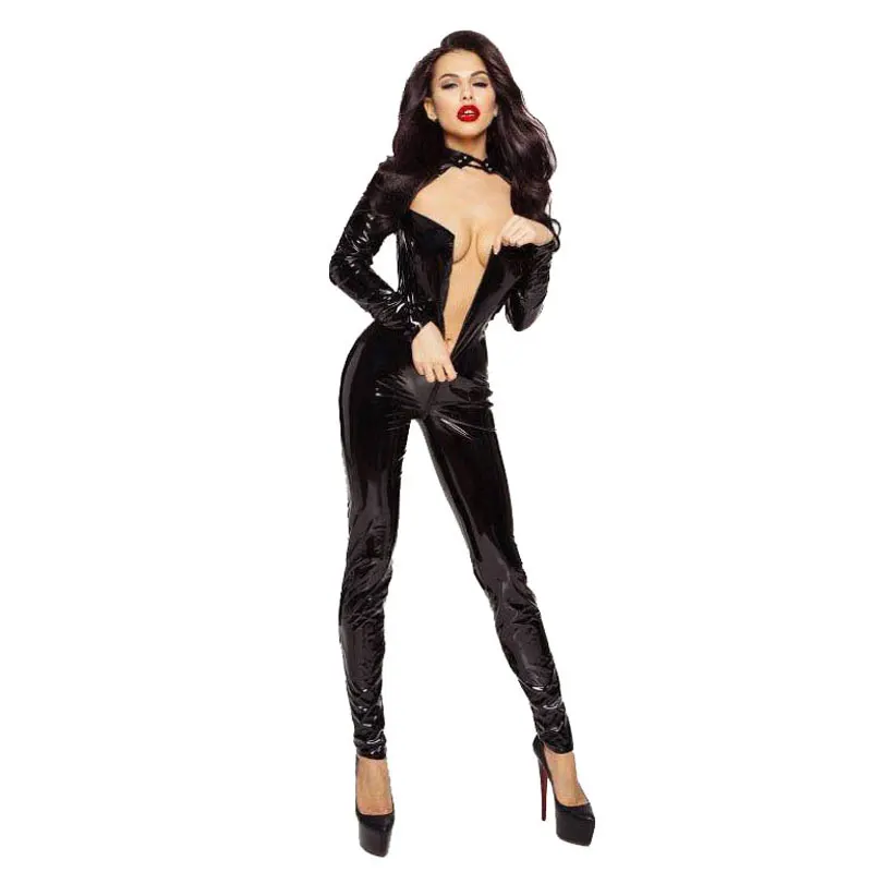 

Sexy Gothic PU Black Jumpsuit Women Wetlook Tights Zipper Crotchless Club Outfits For Women Hollow Out Bust Bodycon Bodysuit