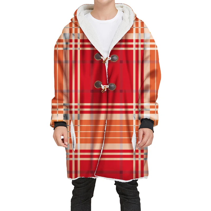 YOUTHUP New Winter Mens Long Velvet Hoodies 3D Different Plaid Printing Hooded Pullovers Thick Hoodies Streetwear