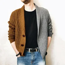 Мужчины% 27 свитер куртка пэчворк трикотаж кардиган три пуговицы цветовые блоки осень повседневный винтаж высокий стрит куртка мужчины куртка