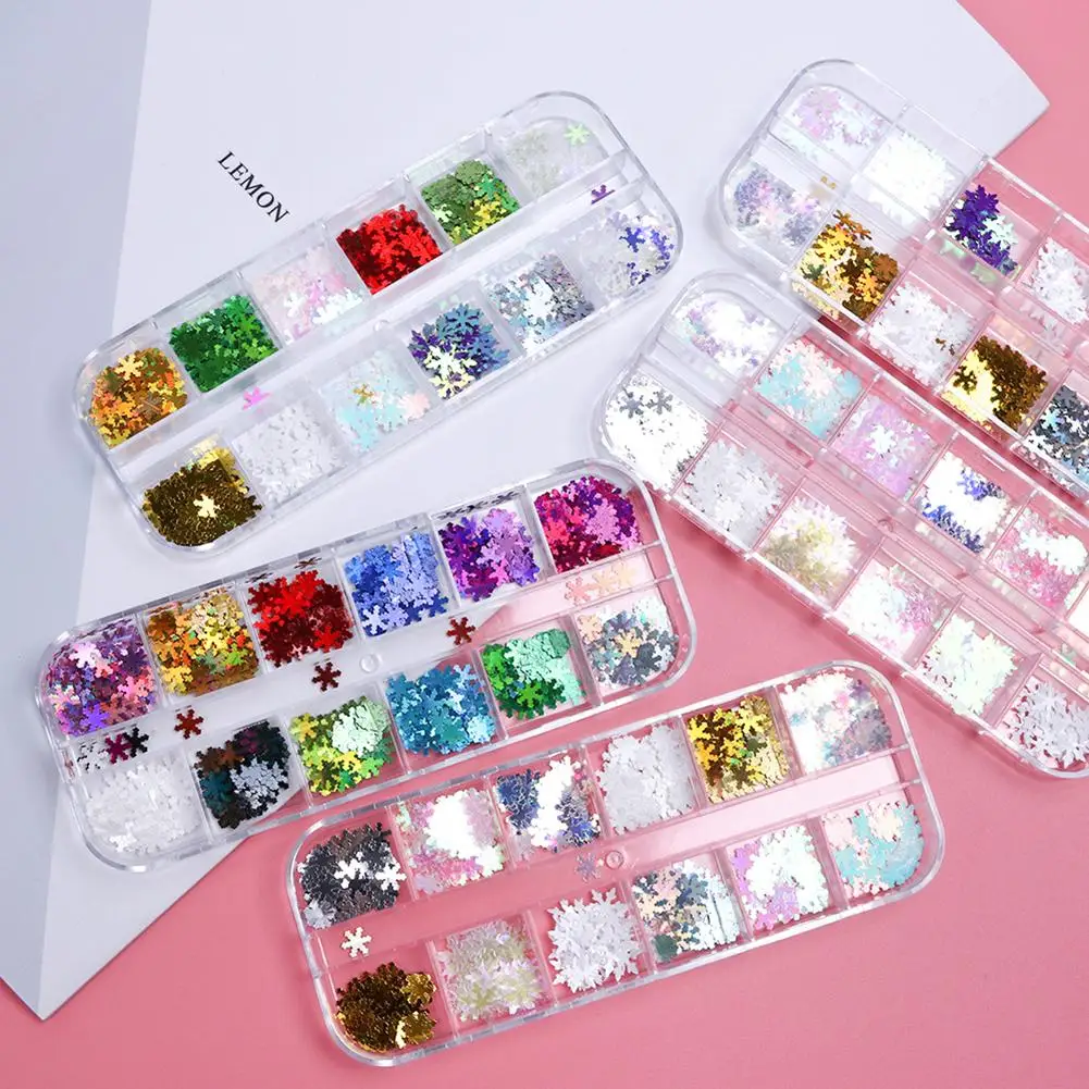 Christmas Decor 12 Grids Multi Color 3D Glitter Snowflake Nail Art Sequins Flake Wraps Adhesive Sticker | Красота и здоровье