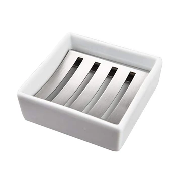 

Ceramic Soap Dish SUS304 Stainless Steel Soap Holder for Barthroom Shower Double Layer Draining Soap Box (Square)
