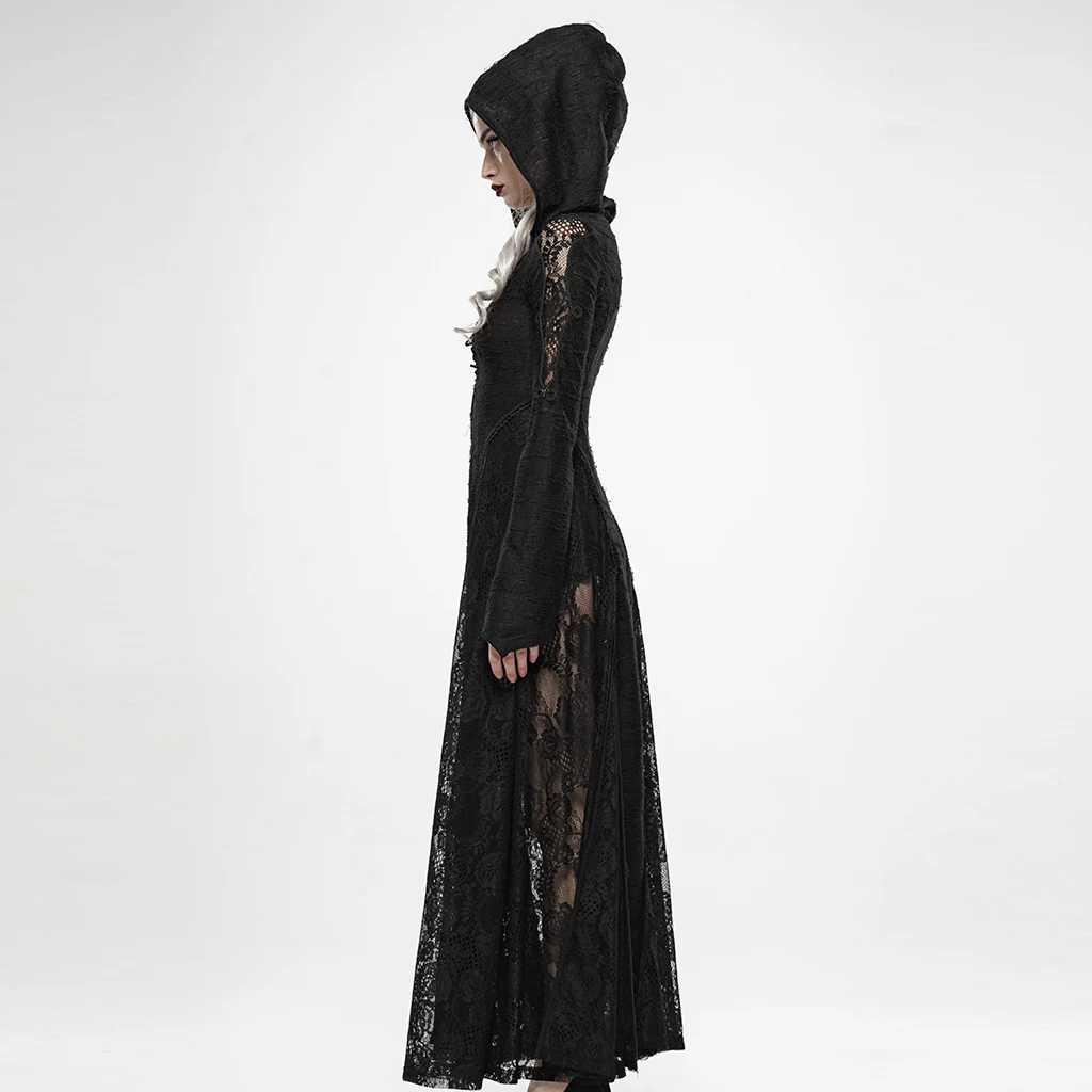 Женское длинное пальто в стиле панк, готический стиль, в стиле даркмун, в клетку, из пряжи, в стиле пэчворк, вязаное, кружевное, в сетку, облегающее, с длинным рукавом, черная, с капюшоном, куртка для женщин