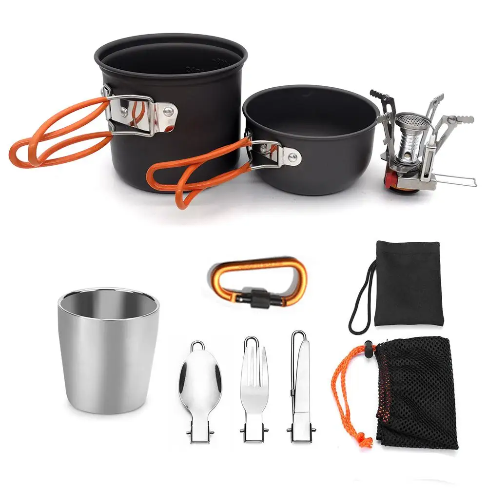 1 Set Outdoor Pots Pans Camping Cookware Picnic Cooking Set Non-stick Tableware With Foldable Spoon Fork Knife Kettle Cup - Цвет: Белый