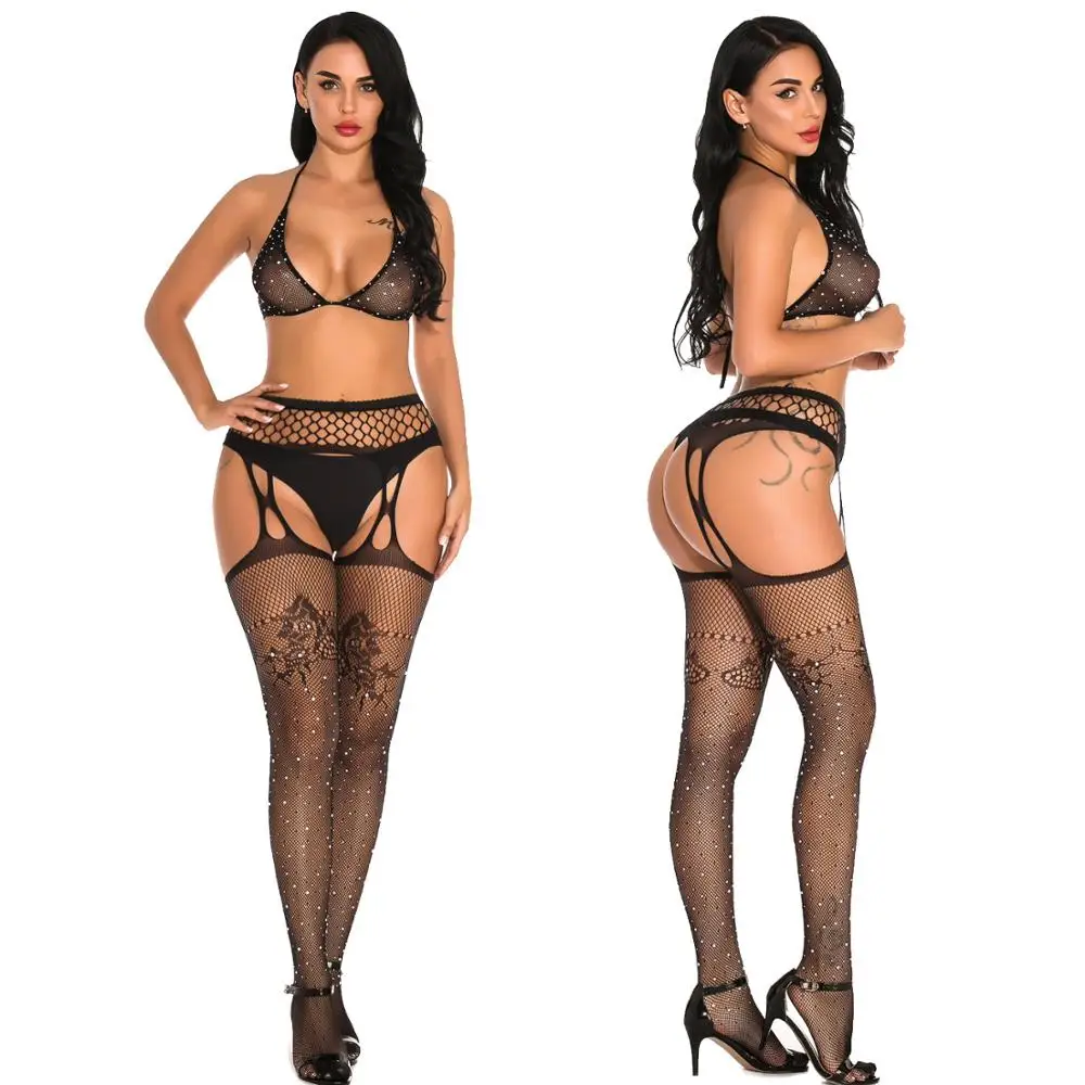 

Sexy Lingerie Fishnet Stockings Women Delight Diamond Mesh Transparent Lady Shiny Rhinestone Nylons Pantyhose