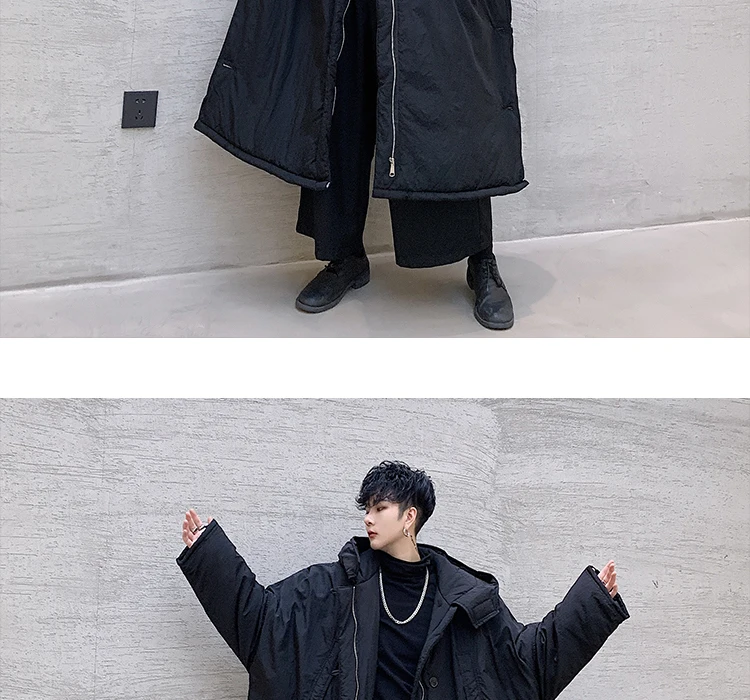 Men Winter Long Loose Hooded Parka Jacket Overcoat Male Japan Street Dark Black Cotton Padded Thick Coat Outerwear