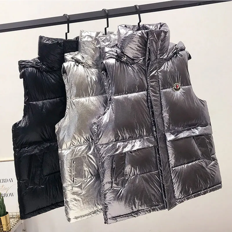 

Harajuku Down Cotton Sleeveless Short Vest Women Coat Winter Autumn Silver Bright Color Hooded Vests Female 2019 Streetwear Top