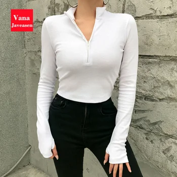 

Zipper Turtleneck T-shirt Women Tops Cotton Solid Long-sleeved Short T-shirt Harajuku Women Clothes office Lady Tops Summer