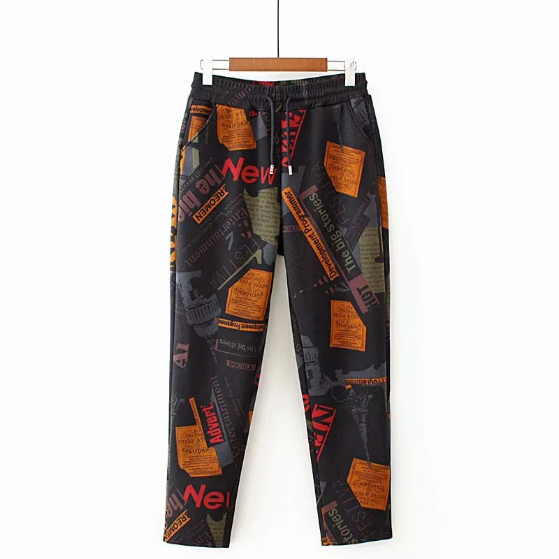 Женские зимние теплые штаны из плотного флиса в стиле ретро с буквенным принтом, женские уличные брюки с эластичной резинкой на талии большого размера