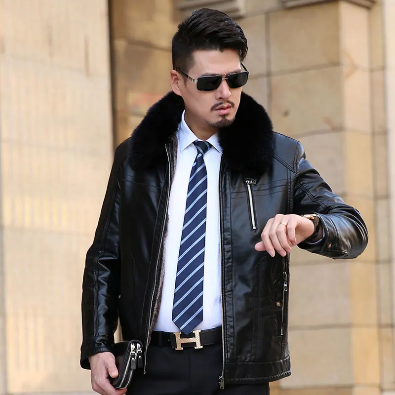 Кожаная мужская куртка зимняя флисовая парка пальто плюс бархат теплый меховой