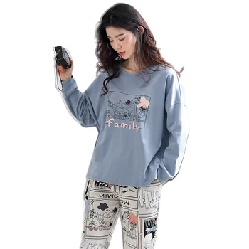 

Autumn new style long-sleeved pajamas women pure cotton Korean students can wear two sets of home clothes