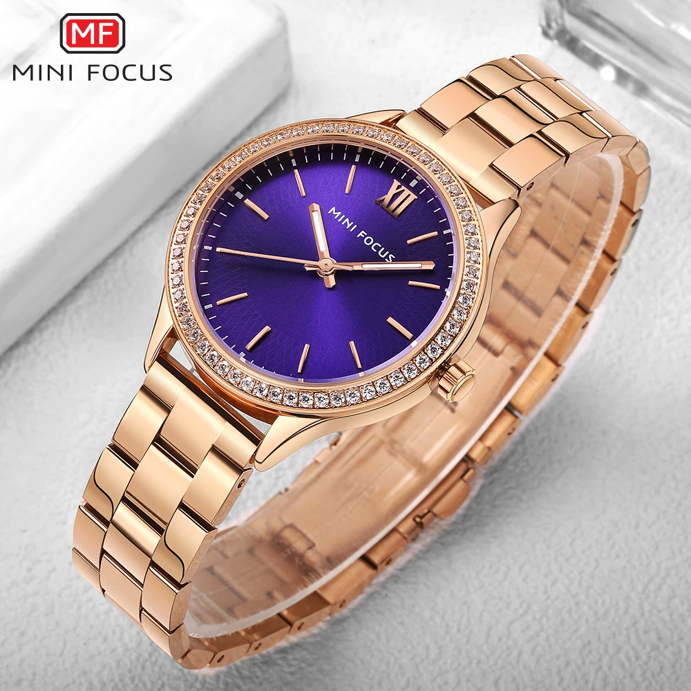 MINIFOCUS Fashion Rhinestone Women Watches Top Brand Luxury Stainless Steel Watch Women Rose Gold Quartz Girls Watches Womans