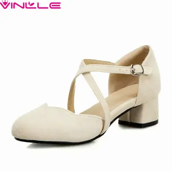

VINLLE 2020 Cross Strap Buckle Fashion Women Pumps Round Toe Spring Summer Flock Square Heel Hollow Ladies Shoes Big Size 34-43
