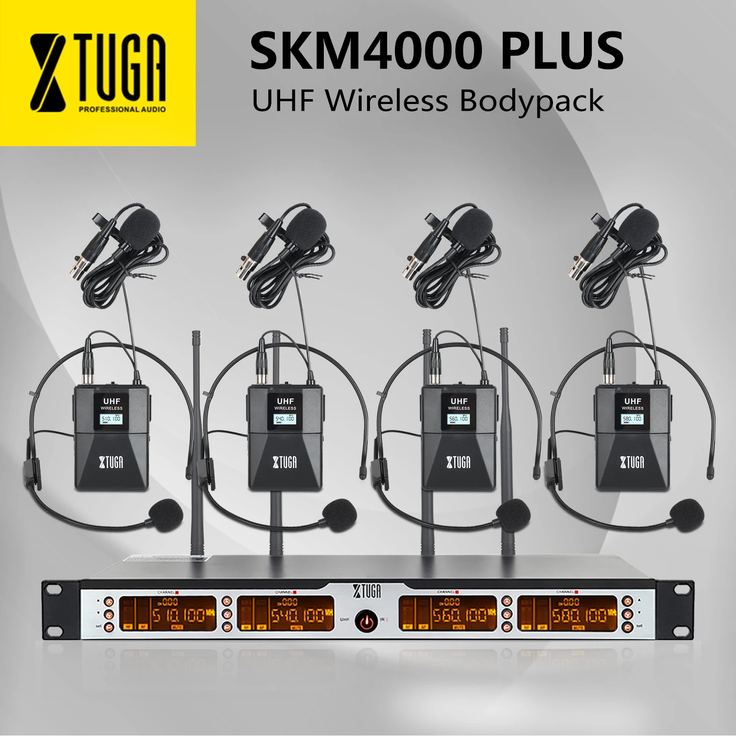 

XTUGA SKM4000PLUS Professional 4*100 Channels UHF wireless Bodypack microphone system, Selectable Frequency, Up to 260Ft