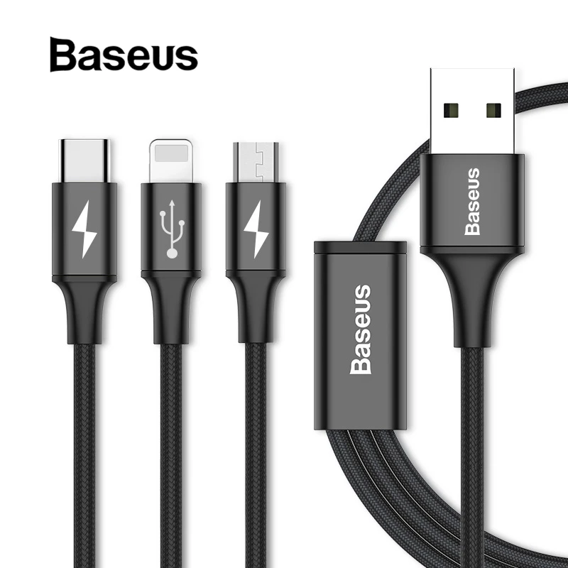 Baseus USB кабель для iPhone Xs Max Xr X iPad 3 в 1 зарядное устройство Micro USB кабель для samsung Xiaomi Android телефон провод шнур