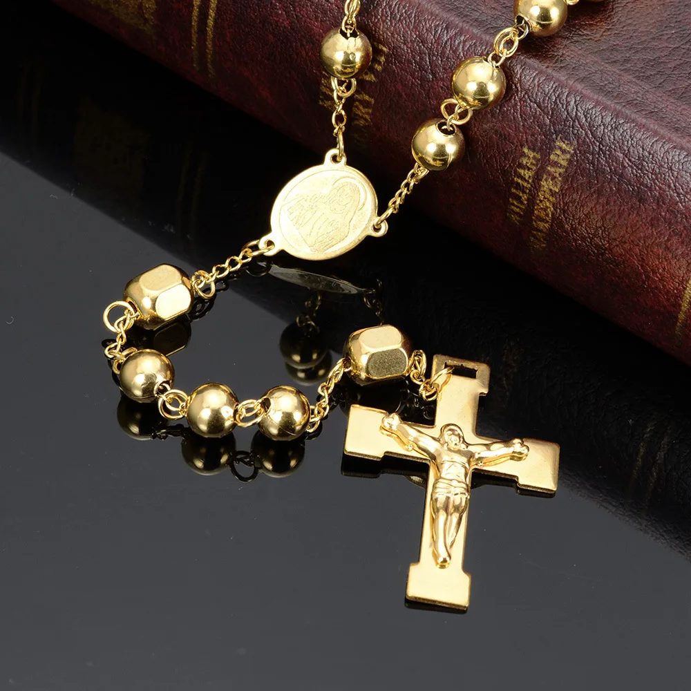 Chic Gold Stainless Steel Rosary Beads Chain Necklace for Women Men Ball Handmade Crucifix Jesus Pendant Religious Cross Jewelry