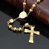 Chapelet gracieux en acier inoxydable, chaîne de perles, pendentif pour femmes et hommes, Crucifix, croix religieuse, bijoux 1