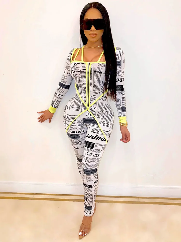 Casual Jumpsuit Print Newspaper Bodysuit Woman Clothes Sexy Bodysuit Overalls Rompers Womens Jumpsuit Plus Size 2xl