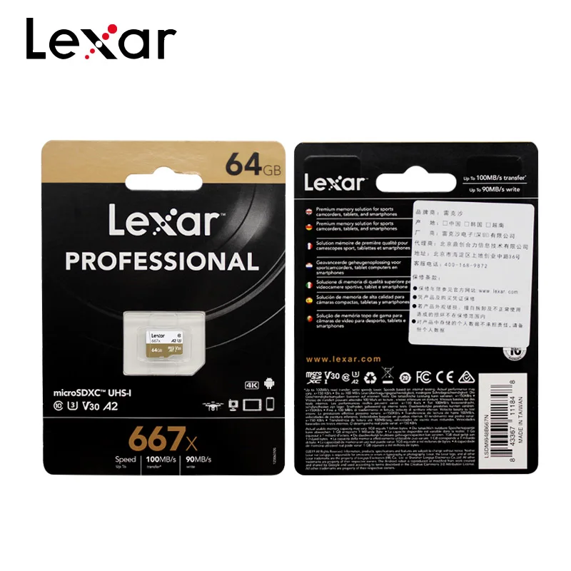 Карта памяти Lexar TF 667x256 gb SDXC Class 10 V30 A2 U3 Max 100 МБ/с. Micro SD 64gb 128gb de memoria
