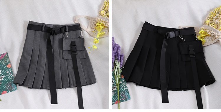 With Belt Pocket Pleated Skirt 2022 Japanese Spring Summer Women A-Line Short Skirt Female High Waist Black Overalls Mini Skirt golf skirt